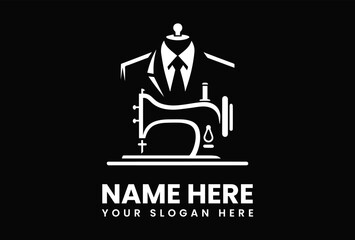 Naklejka premium A logo featuring a mannequin with a suit above a sewing machine, with text below on a black background.