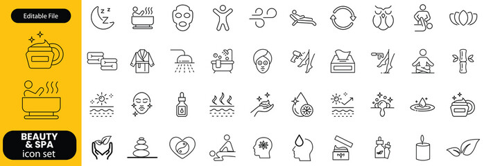 Wellness and Spa Line Editable Icons set. Vector illustration in modern thin line style of components of a healthy lifestyle, face and body care, recreation. Pictograms and infographics