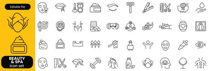 Wellness and Spa Line Editable Icons set. Vector illustration in modern thin line style of components of a healthy lifestyle, face and body care, recreation. Pictograms and infographics