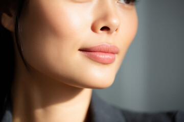 Naklejka premium Close-up of a woman's smooth, glowing skin focusing on her lips and lower face with a soft, natural makeup look.