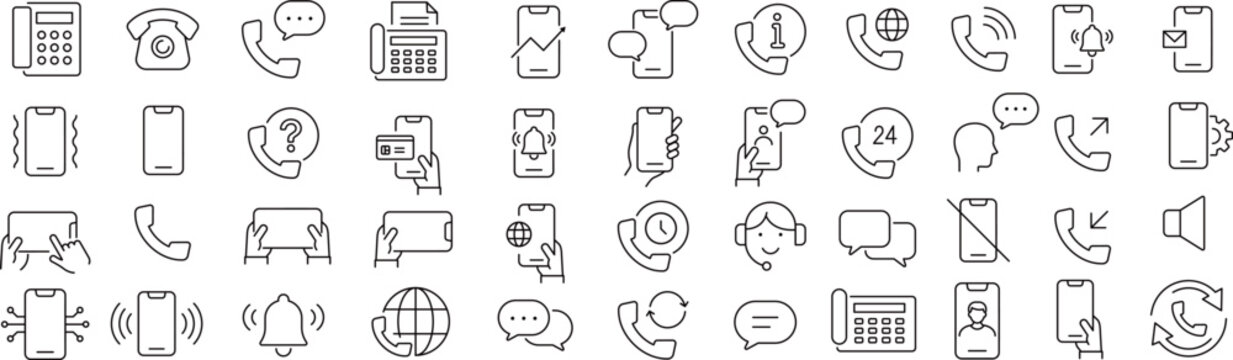 ベクターでモノクロの電話に関する線画アイコンセット
