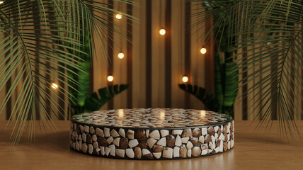 Obraz premium Elegant textured podium with tropical greenery and soft glowing lights for product display