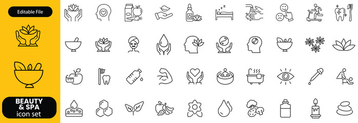 Wellness and Spa Line Editable Icons set. Vector illustration in modern thin line style of components of a healthy lifestyle, face and body care, recreation. Pictograms and infographics