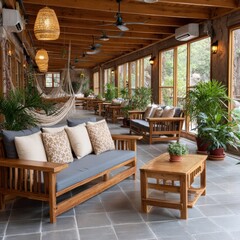 Fototapeta premium Serene eco-lodge interior showcases lush greenery with cozy hammocks and comfortable sofas in a relaxing, high-fidelity atmosphere for guests.
