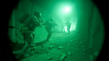 Nighttime Military Operation - A nighttime military operation is underway, with soldiers equipped with night vision gear moving through a dark, dusty environment.