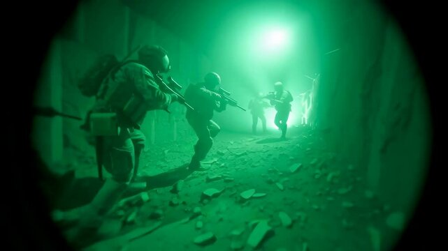 Nighttime Military Operation - A nighttime military operation is underway, with soldiers equipped with night vision gear moving through a dark, dusty environment.