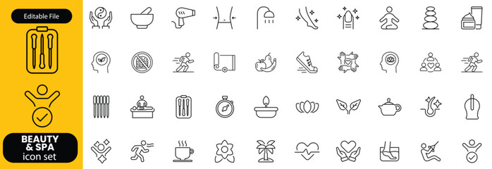 Wellness and Spa Line Editable Icons set. Vector illustration in modern thin line style of components of a healthy lifestyle, face and body care, recreation. Pictograms and infographics