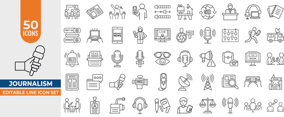 Journalism Line Icon Set – Editable Vector Icons for Press, News, Reporters, Podcasts & Interviews. Editable Stroke. Vector illustration