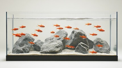 Clear aquarium with orange fish and gray rocks