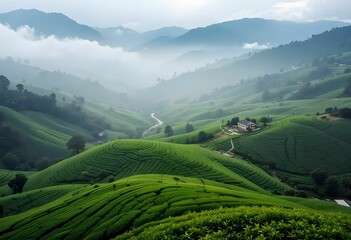 Fototapeta premium Photo of rolling green hills covered with tea plantations, small homes nestled between terraces, and misty mountains fading in background.