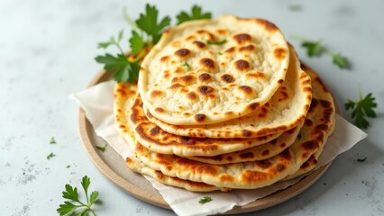 Golden Brown Naan Bread Stack, Freshly Baked, Parsley Garnish, Rustic Setting