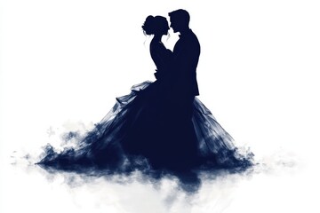 An ethereal wedding silhouette of a couple embracing in a dreamy blue mist on white background. Generative Ai