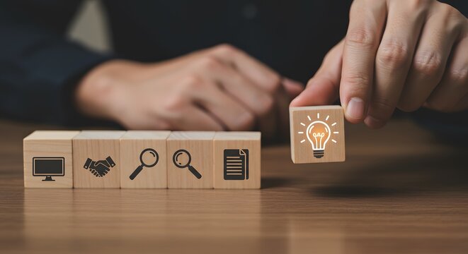 Wooden blocks with icons; the key stages of the design thinking process, a solution-focused, Design Thinking Process concept, problem-solving methodology used for innovation and strategic development.