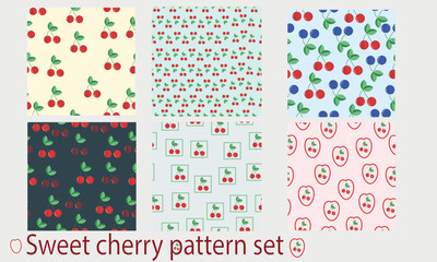 Stylized cherry pattern set with red and blue cherries on soft backgrounds. Perfect for kids’ products, packaging, textiles, scrapbooking, and cheerful summer designs