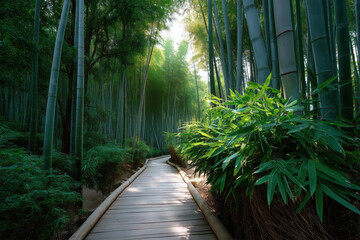 wood-boarded path leads through a bamboo grove