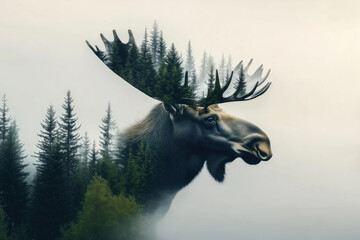 unity of nature, double exposure of elk and forest on white background, environmental protection concept