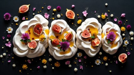 Three Pavlovas Decorated with Figs, Flowers, and Yellow Sauce