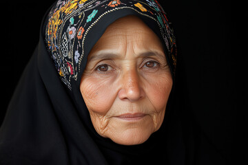 portrait of old woman in ethnic headscarf on black background