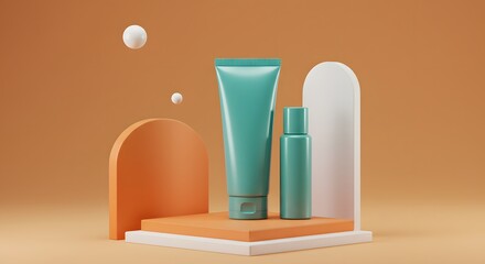 Minimalist Skincare Products on Pedestal with Abstract Background Elements. podium image

