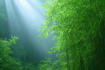 misty bamboo forest with sun rays