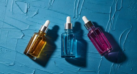 Three Colorful Serum Bottles with Dropper Caps on Textured Blue Surface


