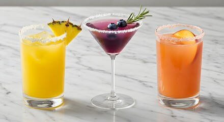 Fototapeta premium Assorted Colorful Cocktails with Various Garnishes on Marble Countertop