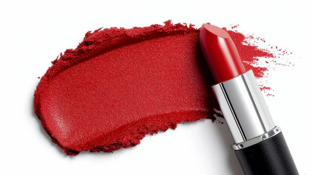 Red lipstick is shown next to a red smear of lipstick. The lipstick is a bright red color and is placed on a white background. Concept of boldness and confidence