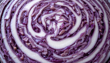 Obraz premium Close-Up Top View of a Sliced Red Cabbage Revealing Inner Swirl Pattern