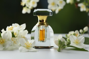 Bottle of perfume and jasmine flowers on white table against blurred background, closeup