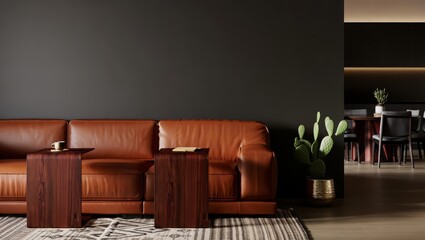 Modern living room with brown leather sofa and dark walls