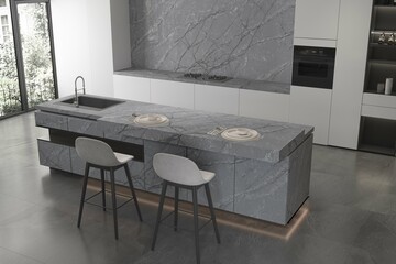 Minimalistic modern kitchen interior with table, double chairs and ceramic floor, white interior design, wooden furniture. 3d illustration. 3D Rendering