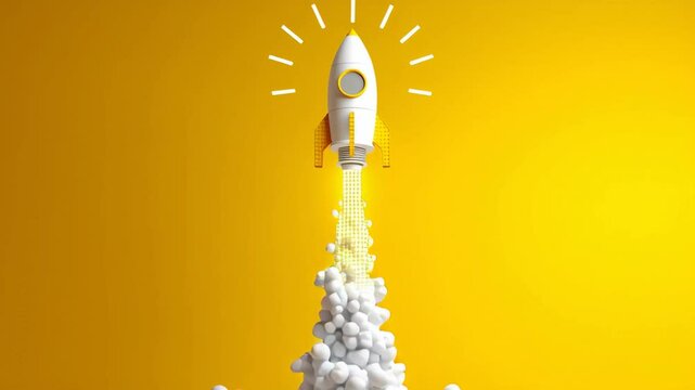 Startup Rocket Launching on Yellow Background - A stylized white and yellow rocket launches from a pile of pixelated blocks against a vibrant yellow backdrop.