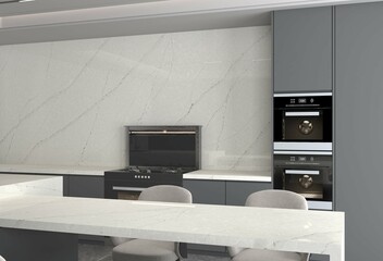 Luxury kitchen interior with white marble countertop with full height backsplash, center island, double ovens, inbuilt cooktop, full height kitchen cabinets. 3D Illustrations. 3D Rendering