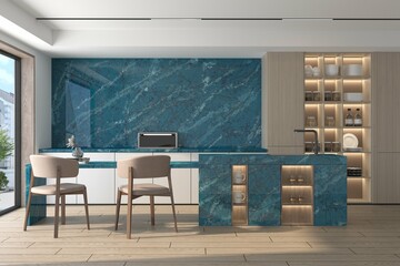 Interior of huge villa kitchen with colored marble wall, marble countertops with built in sink and cooktop and center island, wooden bricks styled flooring. 3D Illustration. 3D Rendering