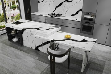 Luxury Kitchen interior with wooden flooring, wooden furniture, grey empty walls, white marble kitchen countertop. Mockup. 3D Rendering