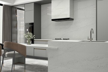 Bright kitchen interior render. 3D Rendering. 3D Illustrations. Mockup
