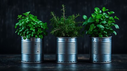 Three vibrant herb plants growing in upcycled tin cans against a dark background