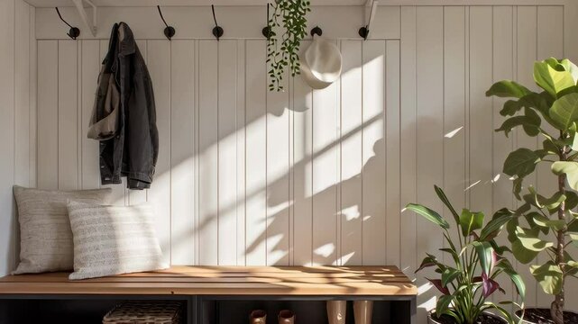 Sunlit Entryway with Bench and Plants - A bright and airy entryway features a wooden bench with storage, coat hooks, and potted plants.