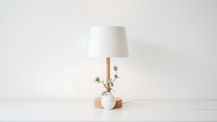 Minimalist wooden table lamp with white shade and eucalyptus sprig in small vase
