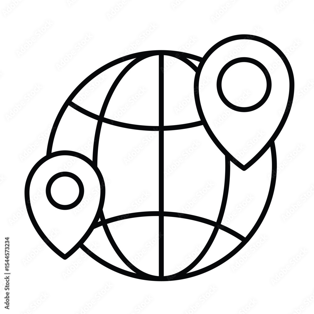 Aufkleber globe and location pins thin line icon, geo navigation concept. vector graphics. world globe with ge