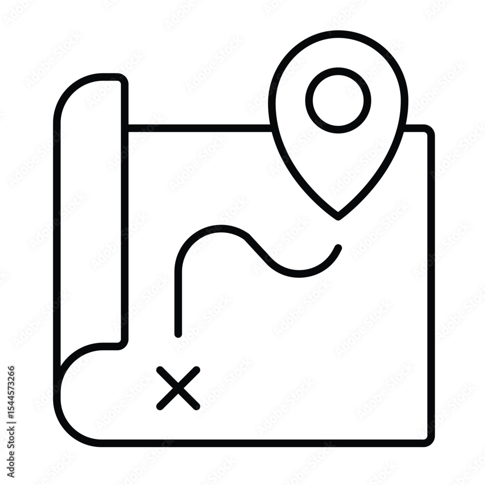Poster route map and location pin thin line icon, marine navigation concept. vector graphics. map paper wit