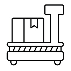 Scales for cargo box thin line icon, delivery service concept. Vector graphics. Weigh scales with cardboard box sign on white background, style mobile or design.