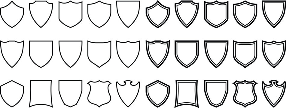 Vector illustration of various shield shapes in black and white for emblems and design elements