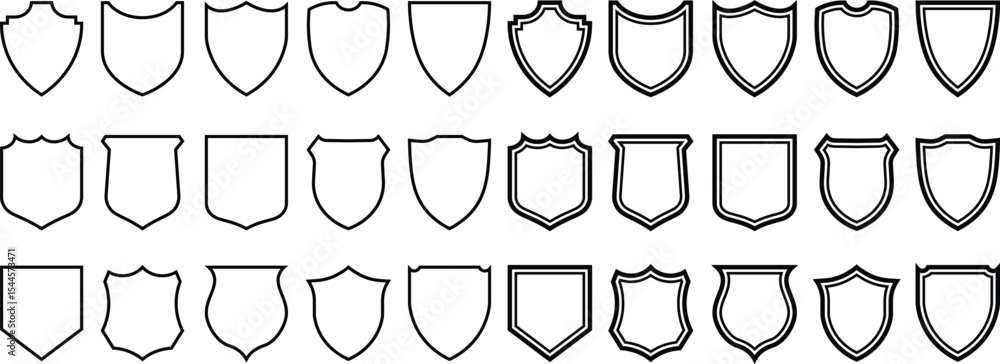 Poster collection of minimalist shield outlines in various shapes and styles for graphic design and brandin