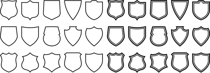 Collection of diverse shield shapes and badges in minimalist outline style over white background