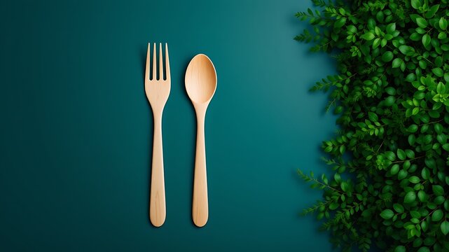 Wooden spoon and fork on teal background with lush green foliage