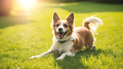 A happy beige and white dog sits on bright green grass in the summer on a sunny day