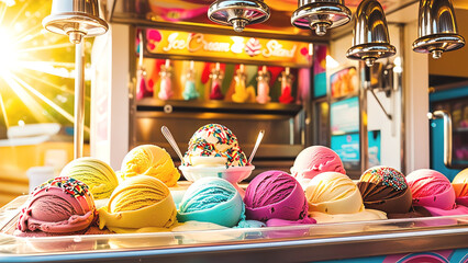 Ice cream kiosk on a hot summer day, colorful ice cream scoops against the bright sun in summer