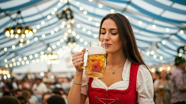 A smiling woman in a traditional dirndl holds a large beer stein at an oktoberfest celebration