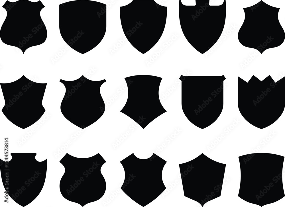 Poster various simple black shields in different shapes and designs representing protection and security